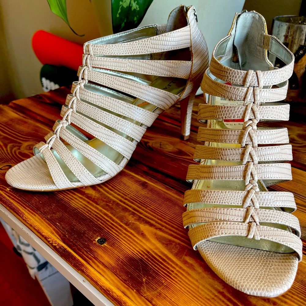 Beige Alfani strapping. Cage style heels
